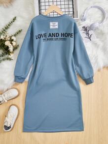 SHEIN Tween Girl Slogan Graphic Drop Shoulder Split Hem Sweatshirt Dress - Dusty Blue - View 1