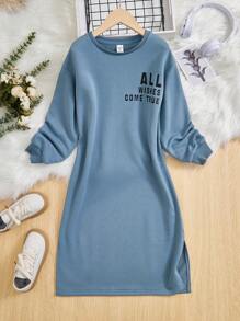 SHEIN Tween Girl Slogan Graphic Drop Shoulder Split Hem Sweatshirt Dress - Dusty Blue - View 5