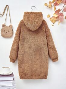 SHEIN 女小童字母刺繡落肩袖毛絨帽衫連衣裙 - 棕色 - 查看 2