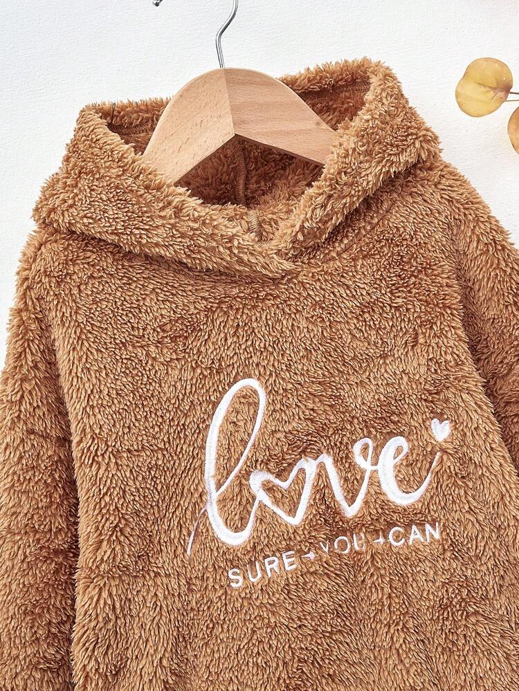 SHEIN 女小童字母刺繡落肩袖毛絨帽衫連衣裙 - 棕色 - 查看 3