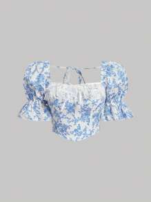 SHEIN MOD 印花蕾絲邊泡泡袖前打結短款襯衫 - 藍白色 - 查看 1