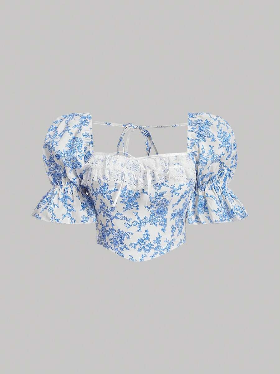 SHEIN MOD 印花蕾絲邊泡泡袖前打結短款襯衫 - 藍白色 - 查看 1