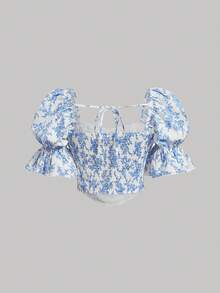 SHEIN MOD 印花蕾絲邊泡泡袖前打結短款襯衫 - 藍白色 - 查看 2