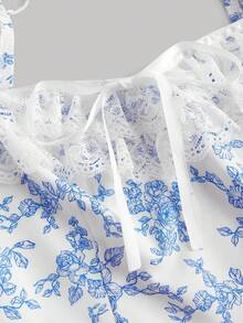 SHEIN MOD 印花蕾絲邊泡泡袖前打結短款襯衫 - 藍白色 - 查看 4