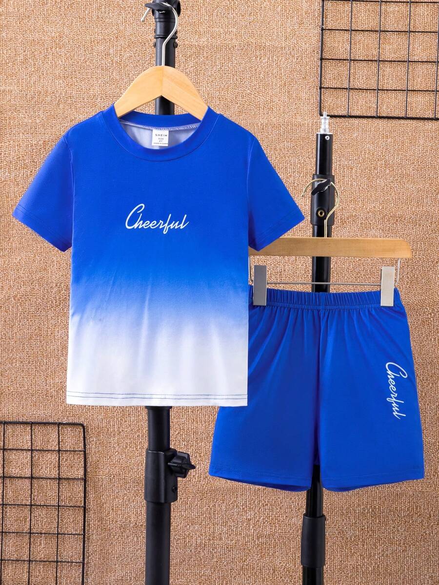 SHEIN 休閒字母 漸層男童（小）兩件套 - 藍白色 - 查看 1
