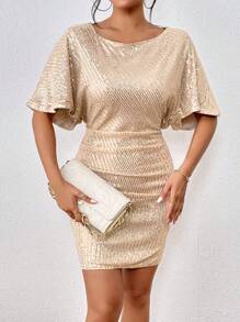 SHEIN Privé Tie Backless Batwing Sleeve Draped Detail Sequin Dress - Champagne - View 2