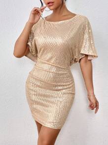 SHEIN Privé Tie Backless Batwing Sleeve Draped Detail Sequin Dress - Champagne - View 6