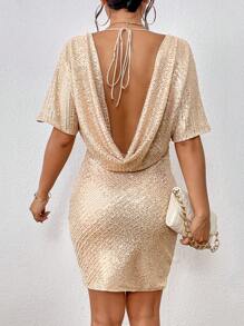 SHEIN Privé Tie Backless Batwing Sleeve Draped Detail Sequin Dress - Champagne - View 7
