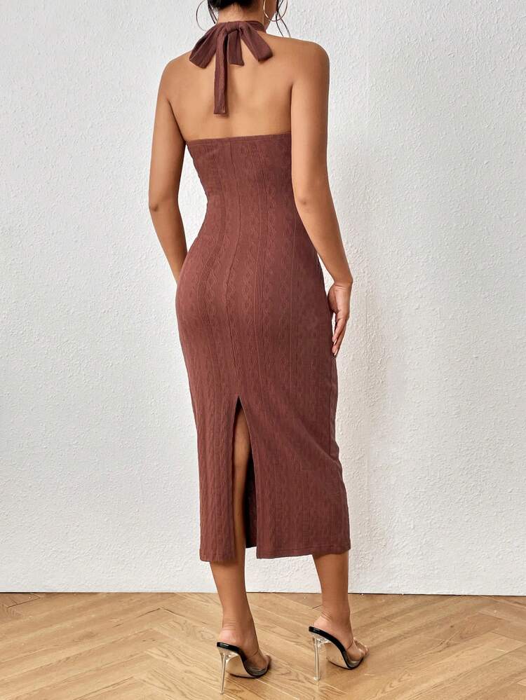 Solid Tie Front Halter Neck Dress