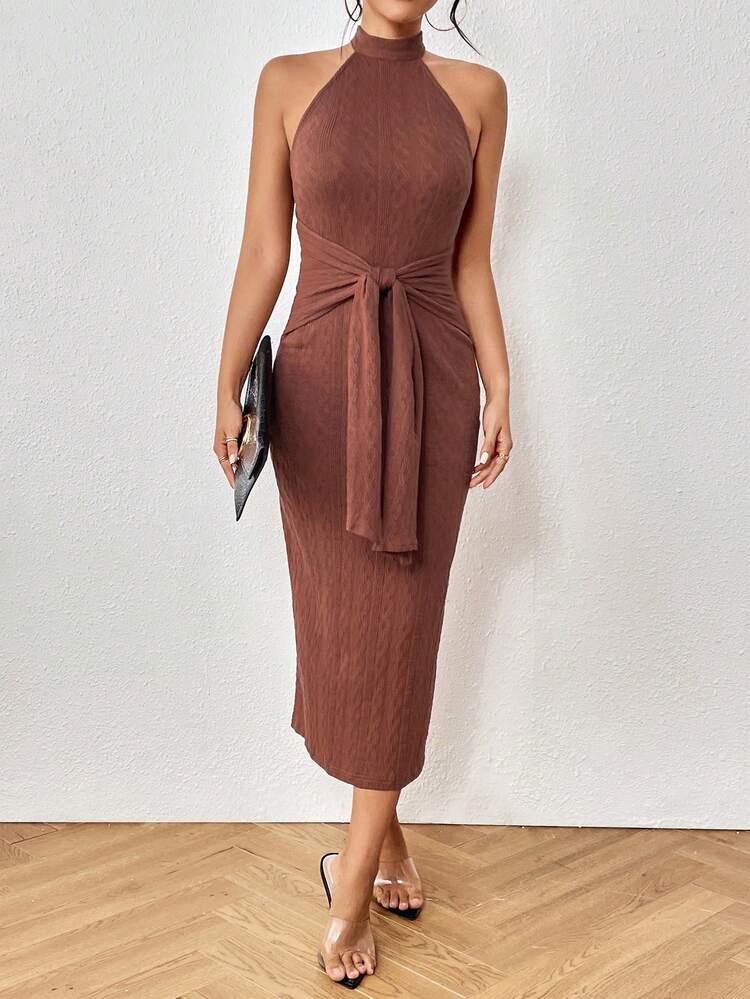 Solid Tie Front Halter Neck Dress