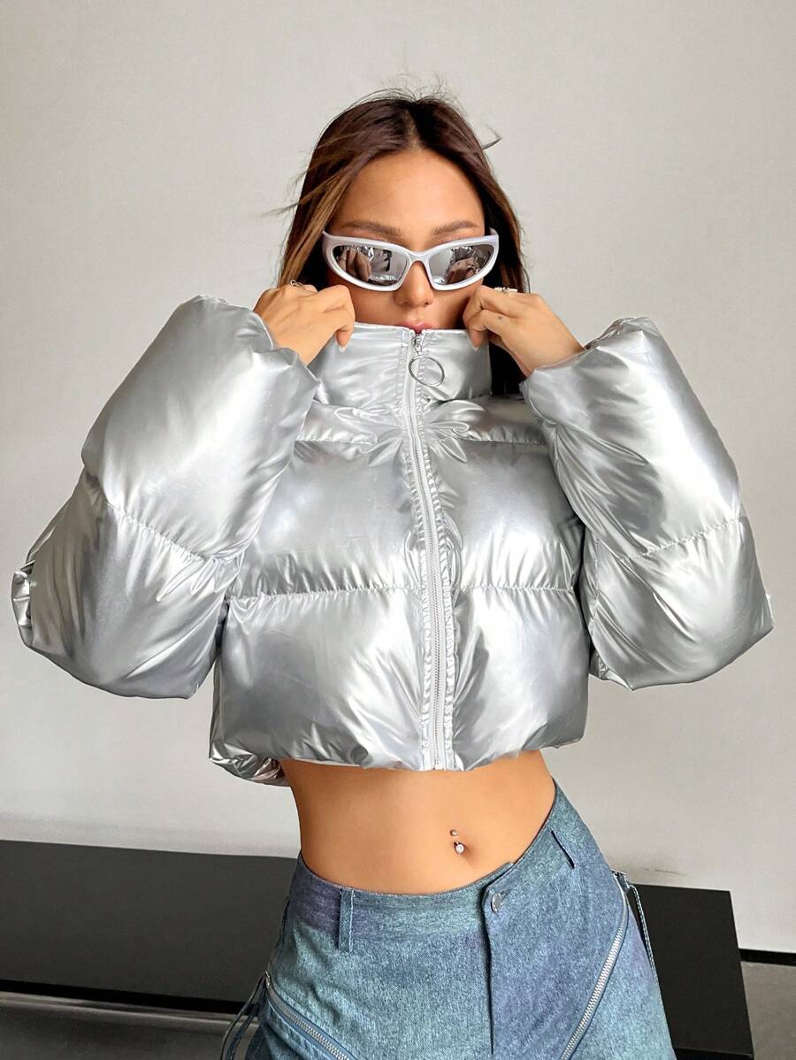 SHEIN X Danna Paola SHEIN ICON Áo khoác đệm ngắn có khóa kéo cho mùa đông - Bạc - Xem 1