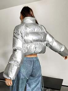 SHEIN X Danna Paola SHEIN ICON Áo khoác đệm ngắn có khóa kéo cho mùa đông - Bạc - Xem 2
