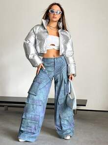 SHEIN X Danna Paola SHEIN ICON Áo khoác đệm ngắn có khóa kéo cho mùa đông - Bạc - Xem 5