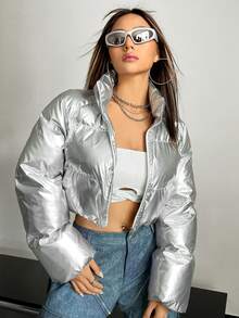 SHEIN X Danna Paola SHEIN ICON Áo khoác đệm ngắn có khóa kéo cho mùa đông - Bạc - Xem 6