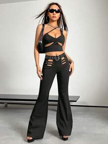 SHEIN X Danna Paola SHEIN ICON de un hombro con abertura Top crop & pierna amplia con cinturón Pantalones