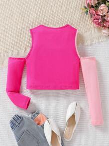 SHEIN Tween Girls 2-Tone Open Shoulder Round Neck Long Sleeve Casual Fashion T-Shirt, Suitable For Daily Wear