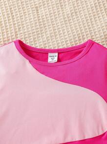 SHEIN Tween Girls 2-Tone Open Shoulder Round Neck Long Sleeve Casual Fashion T-Shirt, Suitable For Daily Wear