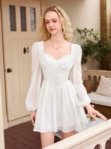 SHEIN MOD Sweetheart Neck Lantern Sleeve Ruched Bustier Button Front Milkmaid Dress - Beige - View 3