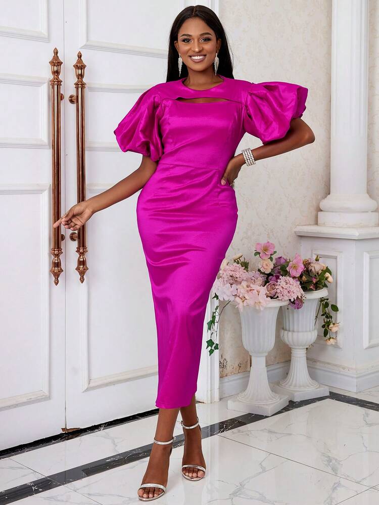 dresses with cut out front Cutout Mini Dress Spaghetti Straps Cut Out Front Puff Sleeve