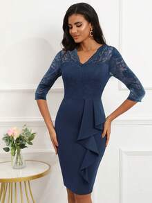 Ruffle Trim Lace Bodice Bodycon Dress - Navy Blue - View 1