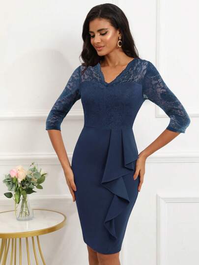 Ruffle Trim Lace Bodice Bodycon Dress