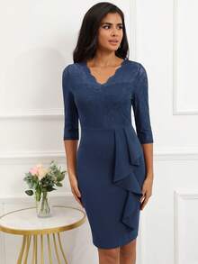 Ruffle Trim Lace Bodice Bodycon Dress - Navy Blue - View 3