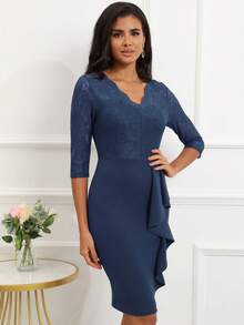 Ruffle Trim Lace Bodice Bodycon Dress - Navy Blue - View 4