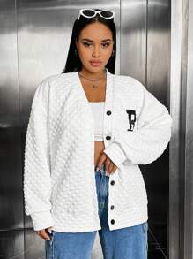 SHEIN X Galloways Plus Letter Patched Drop Shoulder Jacket - White - View 3