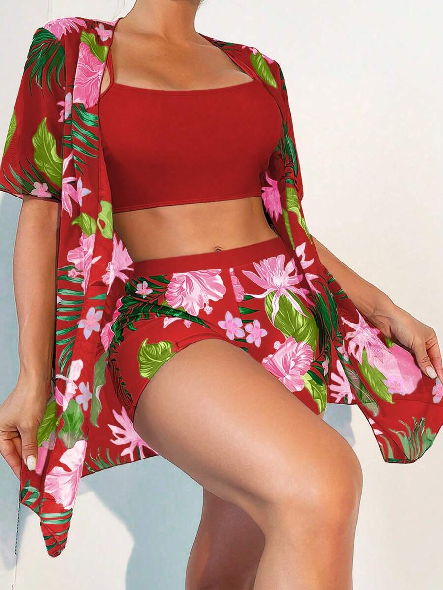 Bộ bikini in họa tiết nhiệt đới với kimono - Đỏ - Xem 1
