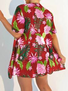 Bộ bikini in họa tiết nhiệt đới với kimono - Đỏ - Xem 2