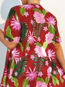 Bộ bikini in họa tiết nhiệt đới với kimono - Đỏ - Xem 3