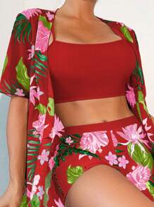 Bộ bikini in họa tiết nhiệt đới với kimono - Đỏ - Xem 4