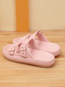 Chicas Zapatillas con doble hebilla adorno transpirable para exterior - Rosa - Ver 2