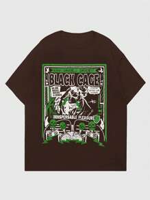 ROMWE MEN Street Life Männer T-Shirt mit Buchstabe & Schädel Grafik - Kaffeebraun - Übersicht 1