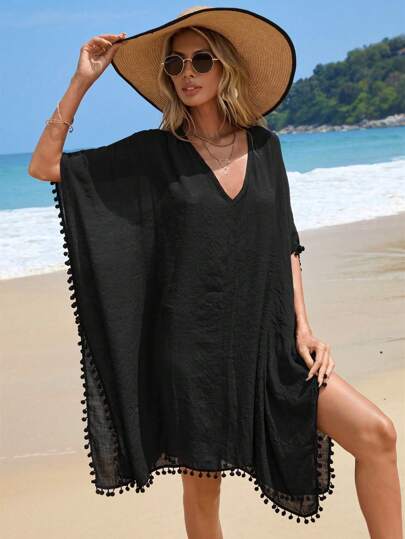 Swim Vcay Summer Beach Pom Pom Trim Batwing Sleeve Cover Up