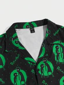 ROMWE MEN Rick and Morty | ROMWE Guys Letter & Cartoon Graphic Shirt - Black - View 4