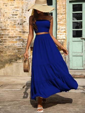 SHEIN Frenchy Solid Tube Top & Ruffle Hem Skirt