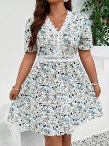 Flirla Đầm Plus Size Tương phản ren Họa tiết hoa Boho - Nhiều màu - Xem 3