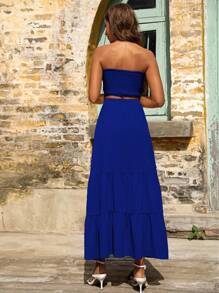 SHEIN Frenchy Top bandeau unicolor & Falda bajo con fruncido - Azul - Ver 2