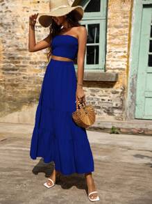 SHEIN Frenchy Top bandeau unicolor & Falda bajo con fruncido - Azul - Ver 3