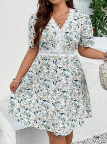 Flirla Đầm Plus Size Tương phản ren Họa tiết hoa Boho - Nhiều màu - Xem 7