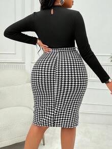 大碼小高領T恤&千鳥格印花腰帶半身裙 - 黑色 - 查看 2