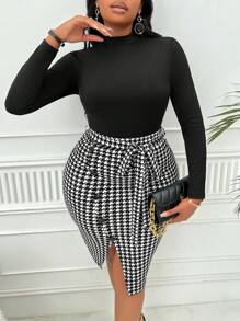 大碼小高領T恤&千鳥格印花腰帶半身裙 - 黑色 - 查看 3