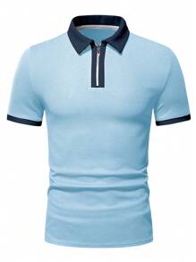 Manfinity Homme 男士拼接邊1/4拉鍊POLO衫 - 淺藍色 - 查看 4