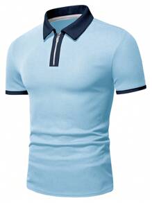 Manfinity Homme 男士拼接邊1/4拉鍊POLO衫 - 淺藍色 - 查看 5