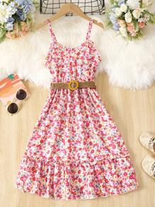 女孩碎花荷葉邊吊帶連衣裙 - 彩色 - 查看 1