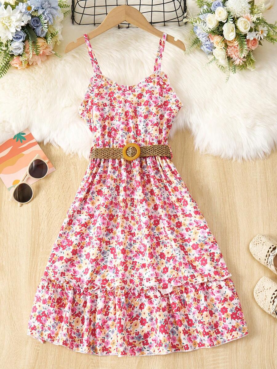 女孩碎花荷葉邊吊帶連衣裙 - 彩色 - 查看 1