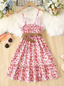 女孩碎花荷葉邊吊帶連衣裙 - 彩色 - 查看 2