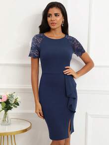 Contrast Lace Raglan Sleeve Ruffle Trim Split Hem Dress - Navy Blue - View 1