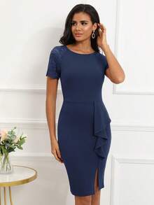 Contrast Lace Raglan Sleeve Ruffle Trim Split Hem Dress - Navy Blue - View 3